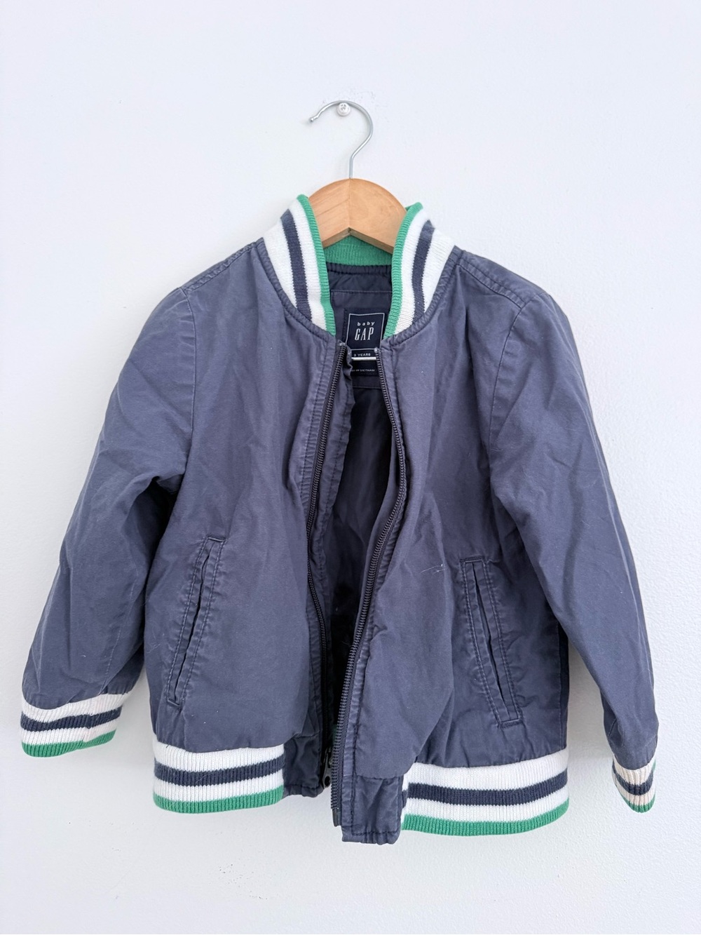 GAP Navy Puffer Jacket with Green & White Striped Trim